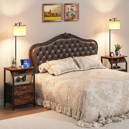 End Table with Floor Lamp, Nightstand with Charging Station, Floor Lamp Table with 3-Color Temperature Bulb, Bedside Table Night Stand with 2 Drawers for Bedroom, Living Room, Brown3
