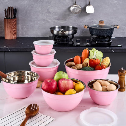 Pink Mixing Bowls with Airtight Lids,Stainless Steel Bowl,Salad Bowls 7 Piece Colorful Nesting Bowl Pink Kitchen Accessories,Size 7,3.6,2.7,2.1,1.5,1.1,0.8QT Stackable Design7