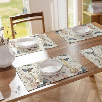 12"X18" Fairy White Beige Butterfly Flowers Placemats Set of 4 Washable Thick Place Mats Kitchen Table Mats Decorative Linen Fabric Table Mat for Dining Table Kitchen Home Decor2