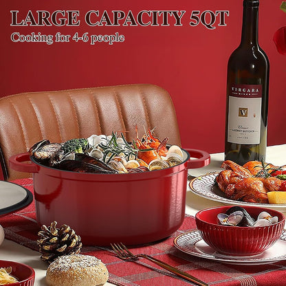 Enameled Cast Iron Dutch Oven -  5QT Pot with Lid & Cotton Potholders - Heavy-Duty Cookware for Bread Baking, Braising, Stews, Roasting(Red)7