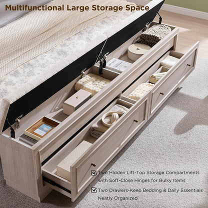 King Bed Frame W/Upholstered Headboard,Storage Bench,White Alder5