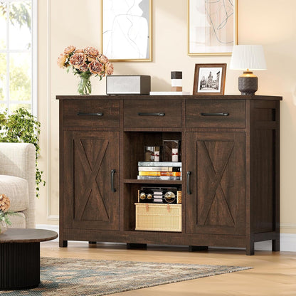 Coffee Bar Cabinet with 3 Drawers, Farmhouse Buffet Cabinet4