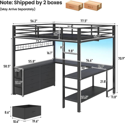 Full Size Loft Bed with Desk, LED Lights and Charging Station, Loft Bed Full Size with 6 Storage Drawers & 2 Shelves, Loft Bed Frame with Safety Guardrail & Ladders, No Box Spring Needed, Black2