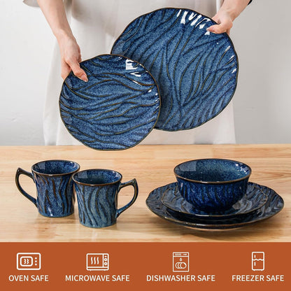 Ceramic Dinnerware Sets for 4, 16 Pcs Plates and Bowls Sets, Reactive Glaze Ceramic Dish Set, Scratch Resistant, Microwave & Dishwasher Safe, Highly Chip and Crack Resistant Dishware Sets, Ocean Blue4