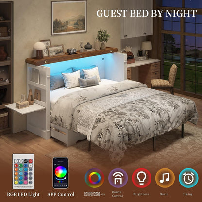 Queen Murphy Cabinet Bed with Desk, Shelves and Charging Station, White5