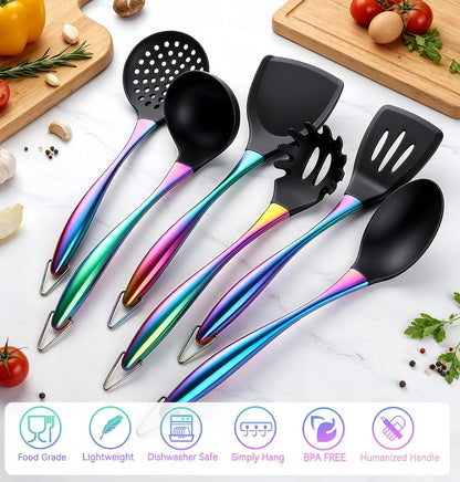 Silicone Cooking Utensils Set, 17Pcs Kitchen Utensil Set with Rotatable Holder, Heat-Resistant Silicone Utensils for Cooking, Non-Stick Spatula Set with Stainless Steel Handle,Turner,Ladle (Rainbow)3