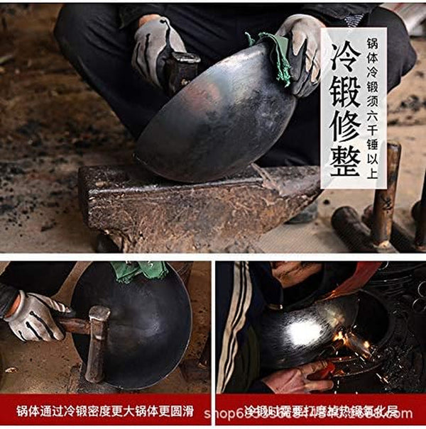 Chinese 100% Hand Hammered Iron Woks Stir Fry Pans, Non-Stick, No Coating, Less Oil, 34CM, Black Seasoned Wooden Handle, Masterchef2