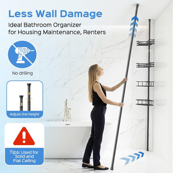 Corner Shower Caddy Tension Pole, Adjustable No-Drill Widen Shelves3
