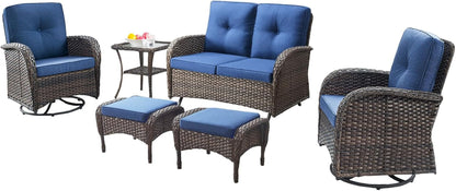 6 Piece Patio Conversation Sets - Wicker Patio Furniture Sets with Outdoor Swivel Rocker Chairs, Glider Loveseat Perfect for Patio Deck Backyard, Brown Wicker Blue Cushion3