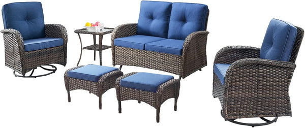 6 Piece Patio Conversation Sets - Wicker Patio Furniture Sets with Outdoor Swivel Rocker Chairs, Glider Loveseat Perfect for Patio Deck Backyard, Brown Wicker Blue Cushion3