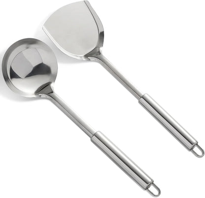 Cooking Utensils Set 2PCS 304 Stainless Steel Spatula and Large Cooking Spoon, Heavy Duty Metal Soup Ladle Long Handle Wok Spatula1