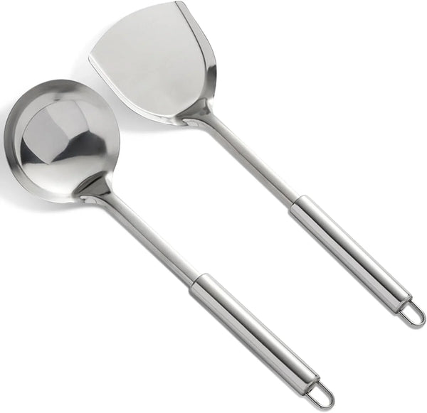 Cooking Utensils Set 2PCS 304 Stainless Steel Spatula and Large Cooking Spoon, Heavy Duty Metal Soup Ladle Long Handle Wok Spatula1