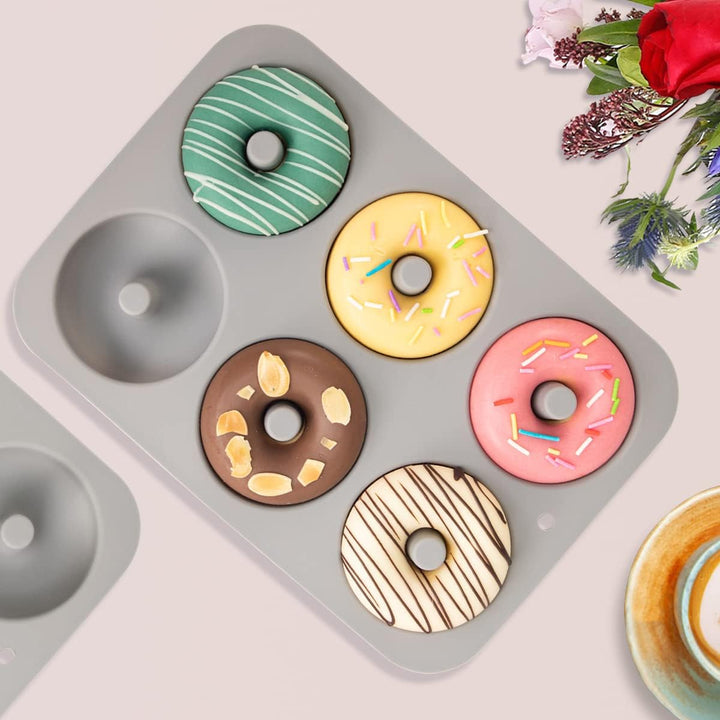 Non-Stick Silicone Donut Pan for 6 Doughnuts, Bpa-Free, 2-Pack Grey | Food Grade LFGB Silicone Bagels Baking Mold, Dishwasher Safe, Heat Resistant and Microwave Safe+2