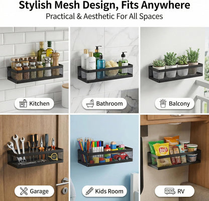 Mesh Shower Caddy Wall Mount, Heavy Duty Adhesive Bathroom Shelf Organizer, Rustproof Floating Spice Rack for Kitchen Pantry, Holds 50 LBS, Multi-Purpose Storage Black-2 Packs (Netting)4