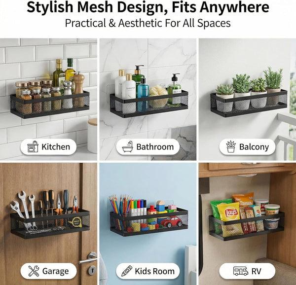 Mesh Shower Caddy Wall Mount, Heavy Duty Adhesive Bathroom Shelf Organizer, Rustproof Floating Spice Rack for Kitchen Pantry, Holds 50 LBS, Multi-Purpose Storage Black-2 Packs (Netting)4