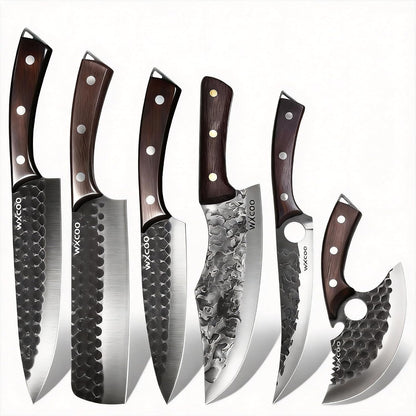 6PCS Kitchen Knife Set Kitchen High Carbon Steel Hand Forged Sharp Chef Knives All Purpose for Home and Outdoor Cooking Non Stick Hammer Finish Ergonomic Wood Handle with Leather Sheath - Black1