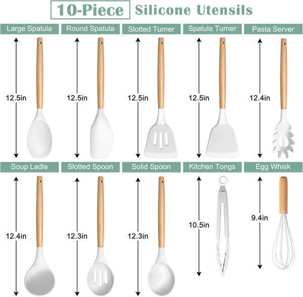 Silicone Cooking Utensils Set with Heat Resistant Wood Handle, 10PCS2