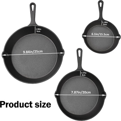 Cast Iron Skillet Pan Set of 3 – Pre-Seasoned Sartenes De Hierro Fundido – 6", 8", 10" Frying Pans for Stove, Oven, Grill – Heavy Duty Sartén Hierro Fundido Cookware Set3