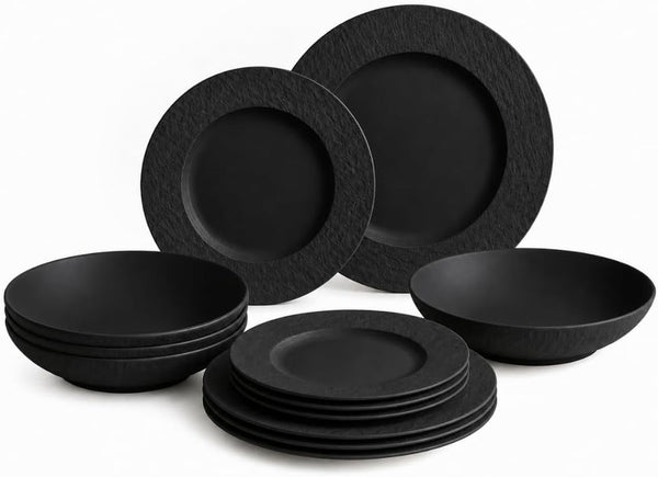 Villeroy & Boch Manufacture Rock 12 Piece Dinnerware Set, Matte Black1