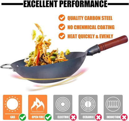 13.4" Carbon Steel Wok Traditional Hand Hammered round Bottom Wok | Chinese Woks Pan with 8 Pcs Cookware Accessories for Gas Stovetops, Open Fire, BBQ, Camping6