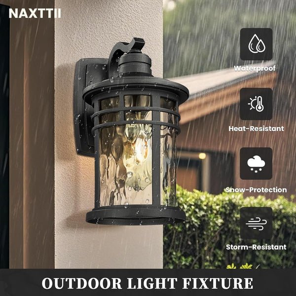 Exterior Lighting Fixture 12 Inch Outdoor Wall Lights Modern Porch Light with Water Ripple Glass Black Finish E26 Socket 2-Pack2