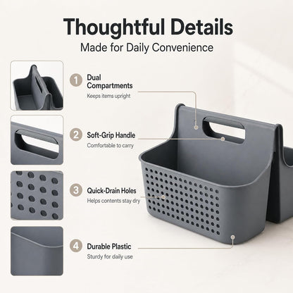 Portable Shower Caddy Basket, 2 Compartments Plastic Cleaning Caddy Organizer, Large Storage Tote with Handle for Bathroom, College, Dorm Room Essentials, Grey3