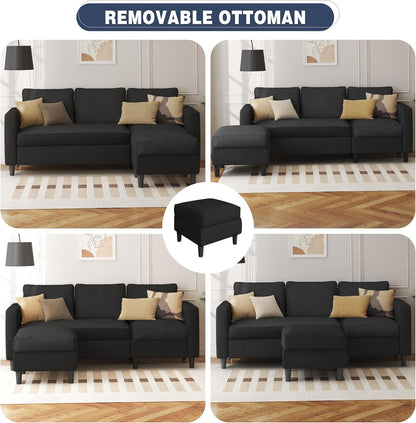 L Shaped Sectional Sofa Couch,Convertible Modular Sofas with Movable Ottoman,3-Seat Upholstered Corduroy Couch,Small Couches for Living Room,Apartment,Office(Black)6
