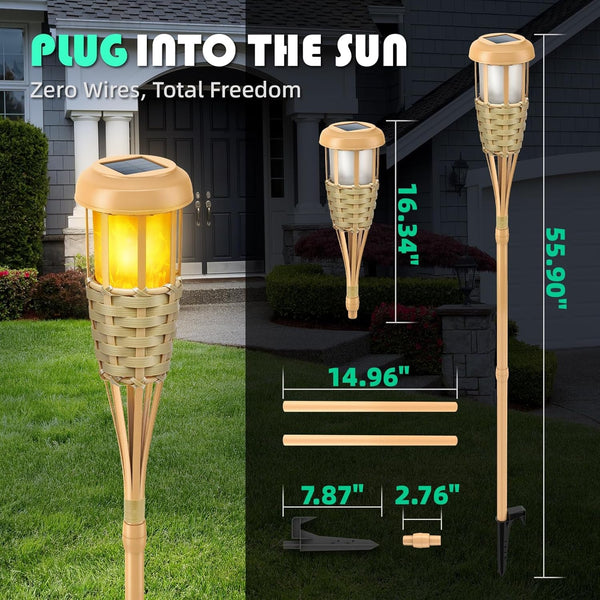 Flickering Flames Solar Powered Lights - Upgraded Solar Torches Waterproof Outdoor Decorative Lighting Auto On/Off, Handmade Bamboo Finish, 2-Pack5