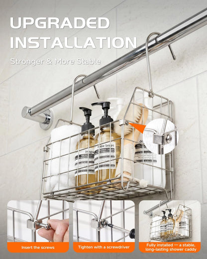 Large Rustproof Shower Caddy Hanging, 304 Stainless Steel Hanging Shower Organizer Basket for Bathroom & Bathtub, over the Rod Shower Rack for Shampoo, Conditioner, Soap & Bath Accessories(Silver)2