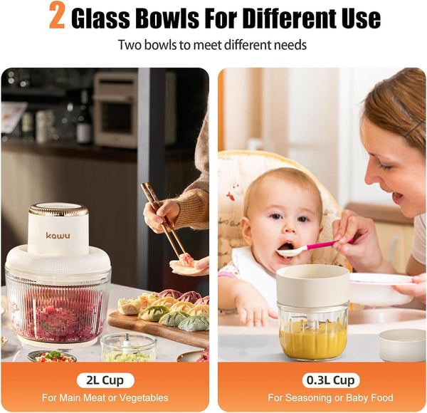 Food Processor, 2-Speed Food Chopper & Meat Grinder with 2 Glass Bowl | 8+1 Cup, 300W, Stainless Steel Blades, Small Electric Vegetable Chopper for Kitchen, for Nuts, Baby Food, Onion, Garlic, Meat2