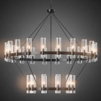 Large Black Chandelier, 30 Light Wagon Wheel Chandelier with Glass Shade,60 Inch round Industrial High Ceilings Pendant Lighting Fixture for Dining Living Room, Kitchen Island, Foyer1