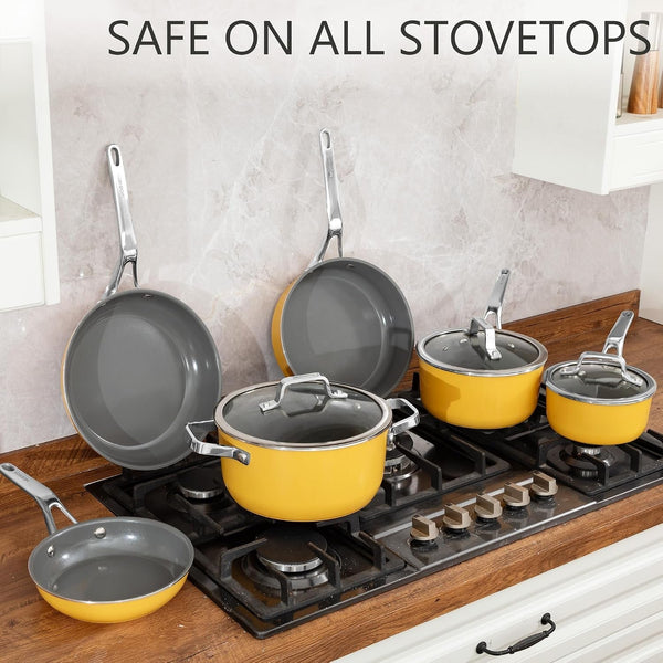 Yellow 10 Piece Ceramic Cookware Set | Pots Pans for Family Meals | Include Saucepan, Saute Pan, Stockpot, Frying Pans, Oven Safe to 480°F, Dishwasher Safe, Non-Toxic PFAS Free, Induction Bases7