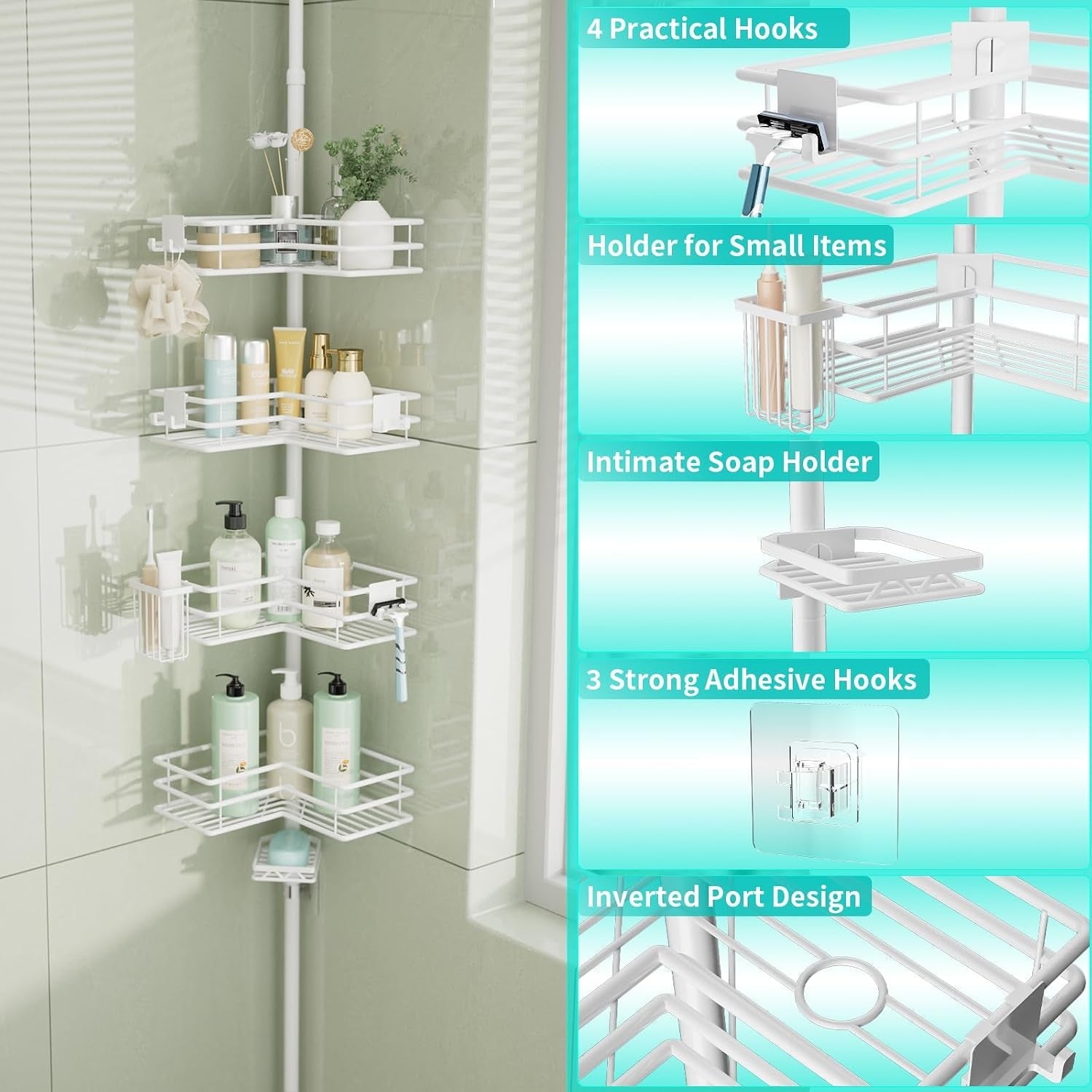corner-shower-caddy-organizer-shower-organizer-corner-with-soap-holder-toothbrush-holder-and-4-hooks-rustproof-bathroom-shelf-tension-pole-available-for-27-6-to-108-3-inch-white
