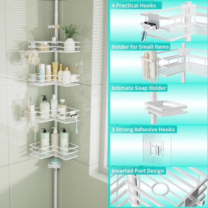 Corner Shower Caddy Organizer - Shower Organizer Corner with Soap Holder, Toothbrush Holder and 4 Hooks, Rustproof Bathroom Shelf Tension Pole Available for 27.6 to 108.3 Inch - White2