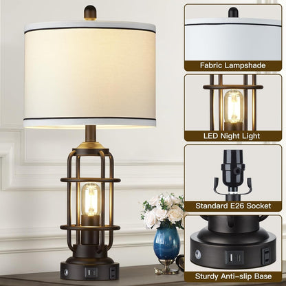 26" Modern Lamp for Living Room, Industrial 3-Way Dimmable beside Table Lamp with USB A+C Charging Ports & AC Outlet, Touch Control beside Lamp LED Night Light for Bedroom Single(2 Bulbs Included)4