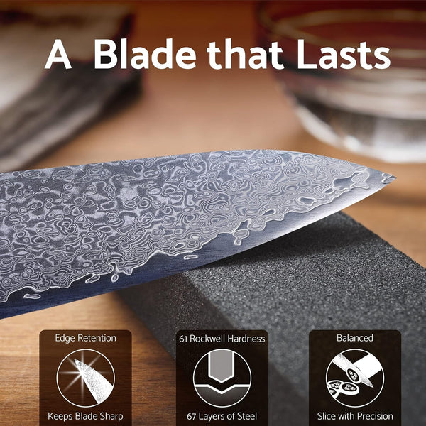 8” Chef Knife – VG10 Damascus Steel Kitchen Knife, Razor Sharp Professional Cooking Knife with Ergonomic G10 Handle, Luxury Gift Box & Sheath, Gift for Home Chefs7