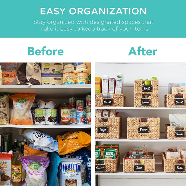 Set of 4 9X12In Water Hyacinth Pantry Baskets, Woven Organizers W/Chalkboard Label, Chalk Marker - Natural3