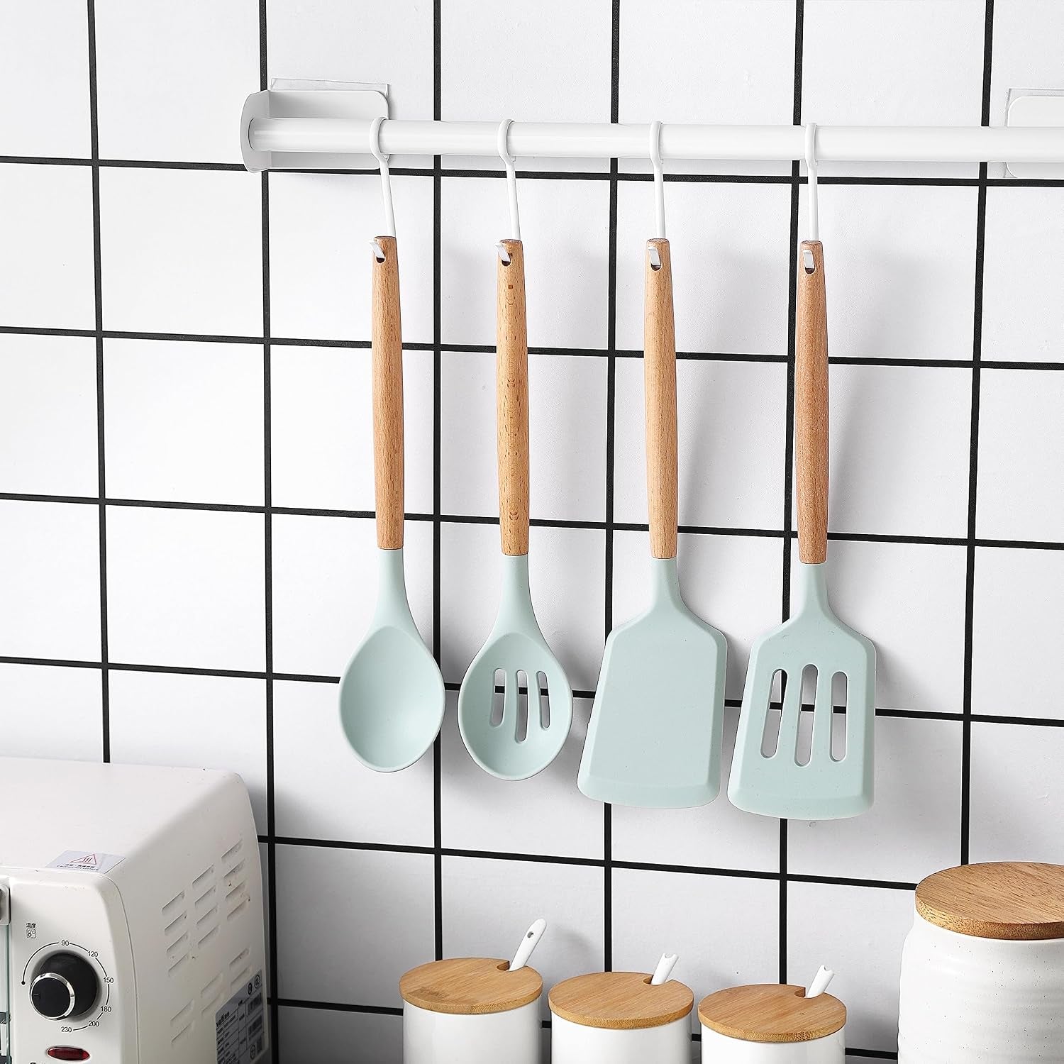 non-stick-silicone-utensil-set-with-rounded-wood-handles-for-cooking-and-baking-14-piece-set-mint