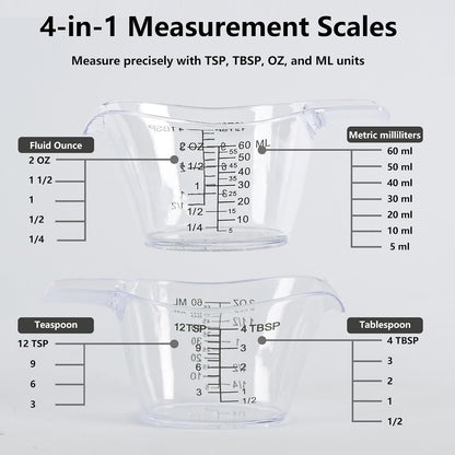 3 Pack 2 Ounce Measuring Cups, Food-Grade Plastic Small Measuring Cup for Hair Color, Hot Tub Chemicals & DIY Mixing, Mini Ounce Measure Cup with Easy-Read Markings4