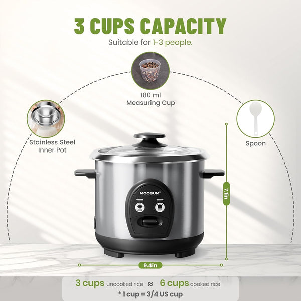 3-Cup Uncooked Rice Cooker Small, Stainless Steel Non-Toxic Inner Pot, One-Touch Multifunction for Rice/Sauté/Yogurt, Dishwasher Safe, 1-3 People Size, Silver5