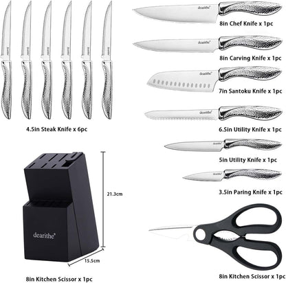 14 Piece Knife Block Set with Built-In Sharpener,Scissors | High Carbon Stainless Stee Kitchen Knife Set, Hammered Pattern Hollowed Handle Design2