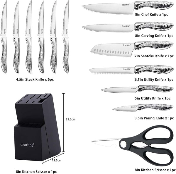 14 Piece Knife Block Set with Built-In Sharpener,Scissors | High Carbon Stainless Stee Kitchen Knife Set, Hammered Pattern Hollowed Handle Design2