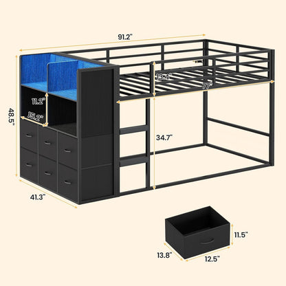 Low Twin over Twin Bunk Bed with 6 Storage Drawers, LED Lights2
