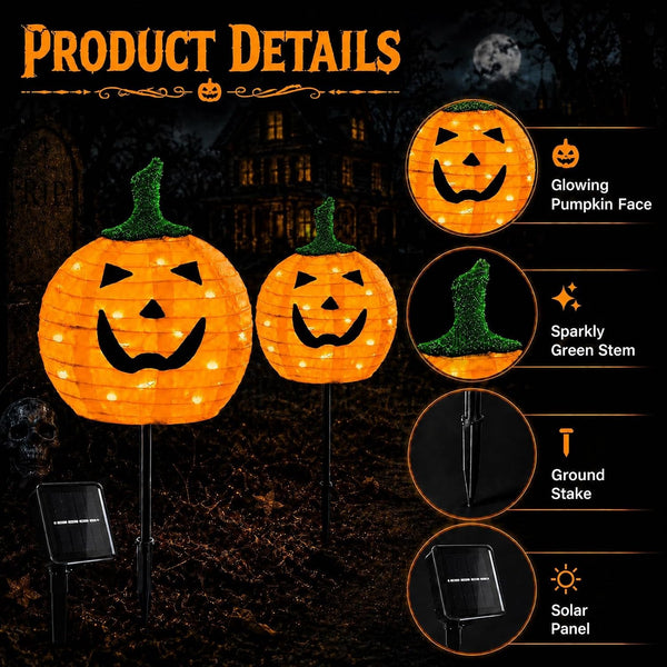 Solar Halloween Pumpkin Lights, 2 Pack Outdoor Pathway Stake Lights3