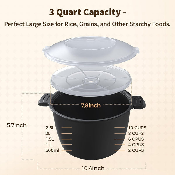 Professional Large Micro Cookware 3 Quart, Microwave Rice Cooker, Microwave Steamer for Vegetables, Safe as Mixing and Serving Bowls, Food Storage Container, Cooker for Microwave- BPA Free, Dishwasher Safe2