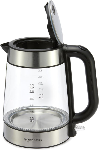 Electric Kettle with Glass Carafe for Tea and Coffee, Bpa-Free, Fast Boiling, Auto Shut-Off, Boil-Dry Protection, Water Level Indicator, 1.7 Liter, 1500W, Black and Silver4