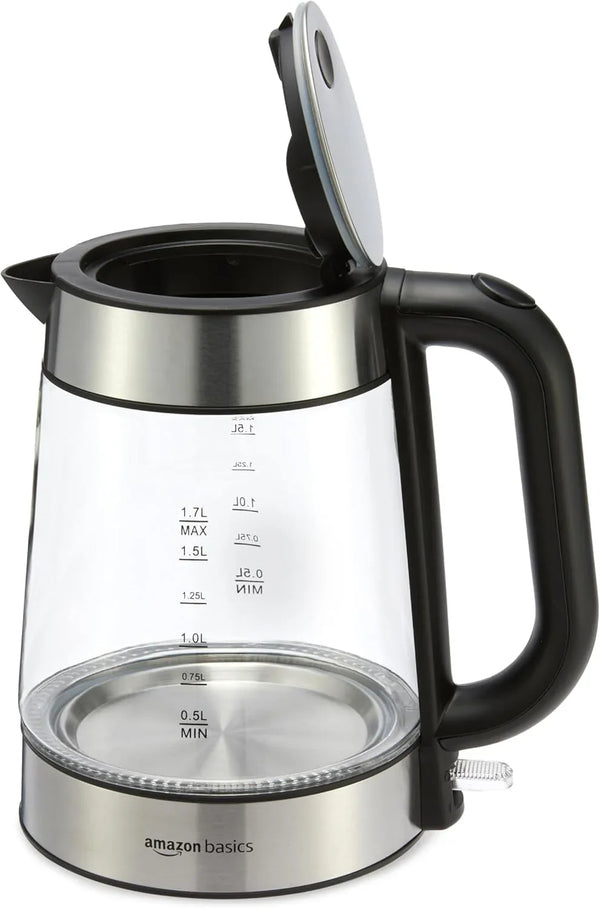 Electric Kettle with Glass Carafe for Tea and Coffee, Bpa-Free, Fast Boiling, Auto Shut-Off, Boil-Dry Protection, Water Level Indicator, 1.7 Liter, 1500W, Black and Silver4