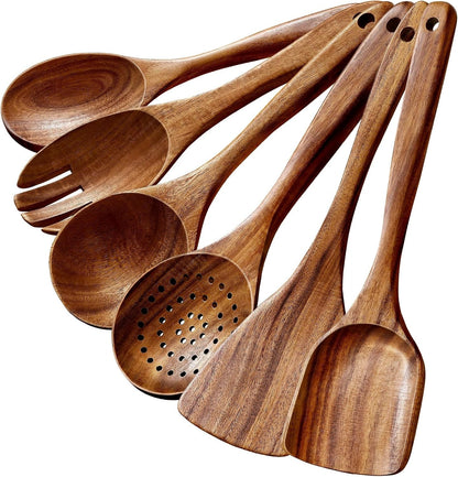 6-Piece Natural Teak Wooden Utensils Set, Wooden Spoons Set for Cooking - Heat Resistant, Natural Healthy Spatula Set with Hanging Holes - Durable, Scratch-Free & Handcrafted1