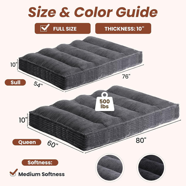 10" Futon Mattress Queen Size,Futons Sofa Couch Bed with Straps, Thick Corduroy Floor Mattress for Adults, Roll up Folding Mattress Shredded Foam Filling, Medium Firm (Gray, Full)2