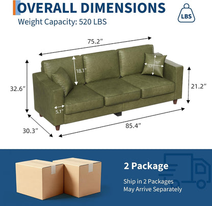 3 Seater Faux Leather Couch with 2 Throw Pillows, Sofa Couches, Olive Green2